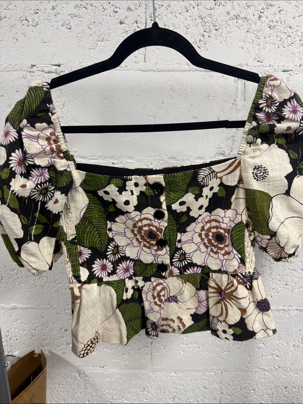 Floral Peplum Puff-Sleeve Crop Top -Maje - Green Floral Size 1 Crop Top